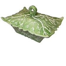 Vintage Gilner Pottery Covered Butter Dish Green Cabbage Leaf Majolica Texas picture
