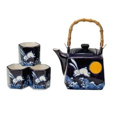 Urban Tokyo Japanese Cube Teapot Set 20oz, Porcelain, 4 Cups, Moon Rabbit Design picture