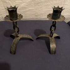 Vtg Brutalist-Style Blue/Green Welded Iron Chain Candlestick Holders picture
