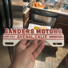 Vintage Sanders Motors Chrysler Plymouth License Plate Topper Avenal California picture