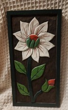 Vintage Mexican folk art relief-carved wooden floral plaque. 16.5 X 7 Inches. picture