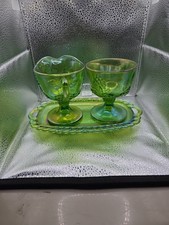 Indiana Glass Harvest Grape Iridescent Lime Carnival Glass Cream Sugar & Tray picture
