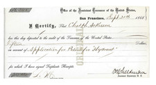 1868 Patent Application Payment Receipt San Francisco for HYDRANT D-75 picture