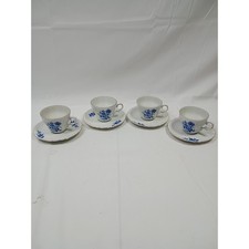Wunsiedel Bavaria Germany Tea Cups and Saucers  Blue Floral Gold Trim Set of 4 picture