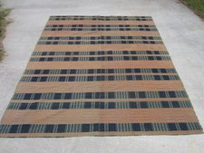Antique 1800s Hand Woven OVERSHOT COVERLET 84x74 ~Navy & Orange Brown Reversible picture