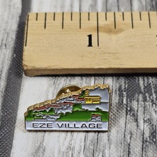 Vintage 80s Eze Village France Scenic Lapel Badge Souvenir Gold Tone Travel picture