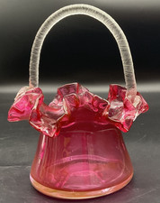 Handblown Ruffled Cranberry Basket with Textured Handle picture