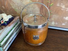 Lovely English 1920s Oak Biscuit Barrel Jar picture