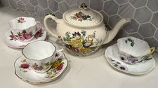 Vintage English Tea Set Windsor Ware Teapot Shelley Royal Dover 3 Cups & Saucers picture