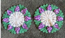 VTG Lot- 2 Hand Crocheted Dollies Purple/Pink Raised Grape cluster Cottage Chic picture