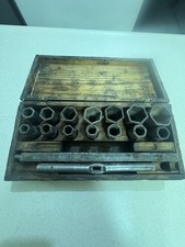 Antique Frank Mossberg 14 Pc Socket Wrench Set USA Vintage W/Original Wood Case picture