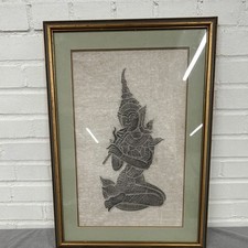 Vintage Framed Thai Temple Rubbing Rice Paper Art Seated Musician Flute Player picture