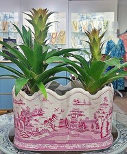 Pink, White Scallop Rim Oval Chinoiserie Porcelain Planter. Hand Painted-12”L picture
