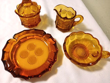 FOUR Vtg Fostoria Amber Coin Glass Ashtray, Sugar w/ Lid, Creamer & Nappy (65A) picture