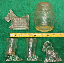 5pc Vintage Glass Candy Containers Scotty Dog Santa Boots & Lucky barrel Bank picture