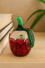 Art Glass Red Clear Green Apple Paperweight Swirls Bubbles 4.25