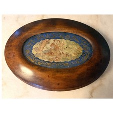 19th Century Victorian Mulberry Wood Large Oval Box Glazed Courtly Silk Lid picture