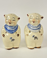 Vintage Shawnee Smiley Pig Salt Pepper Shakers Blue Scarf Floral Gold 5” picture
