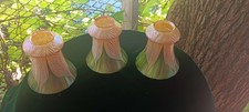 Antique Set Of 3  QUEZAL Pulled Feather Iridescent Art Glass Lamp Shades Signed picture