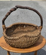 Vintage Woven Basket Oval Seagrass Twisted Vine Root Handle Folk Art picture