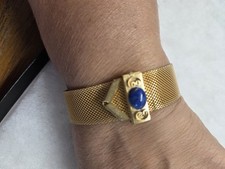 Vtg gold tone mesh belt style blue cabochon Bracelet picture