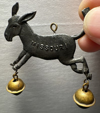 Vintage Cast Metal Missouri Mule Souvenir Charm Hanger 2 Jingle Bells MO State picture
