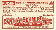 Vintage Pharmacy Label SOLUTION OF FORMALDEHYDE Carl A Schmidt Drugs Dayton Ohio picture