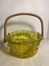 RARE Yellow Glass Basket w/Bamboo Wicker Handle Vtg Glass??? Easter picture