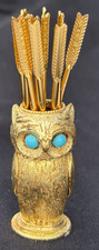 Vtg England FLORENZA Gold Tone Owl Toothpick Holder + 11 Metal Toothpicks Arrows picture