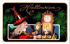 Vintage Nash Witch, Hat, Candle, Grandfather Clock Antique Halloween Postcard picture