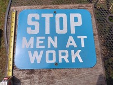 Vintage Railroad Stop Men At Work Sign Blue Reflective Letters picture