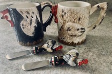 VTG Rooster Chicken Country Farmhouse Coffee Tea Cup Mug -2 Cups 2 Butter Knives picture