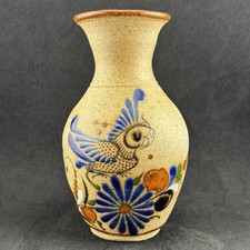 VINTAGE Tonala Mexican Folk Art Sandstone Pottery Bird Floral Vase Signed 6” picture