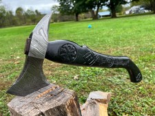 SHARD™ Hand Forged Damascus Tomahawk Hatchet Viking Axe Hand Carved Wood +sheath picture