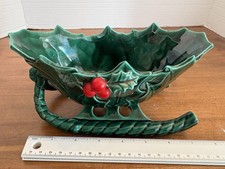 Vintage Lefton Green Ceramic Holly Berry Christmas Sleigh Planter Candy Dish picture
