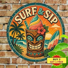 Tiki Bar Tropical Beach Surfboard Cartoon Round Tin Sign Summer Party Decor picture