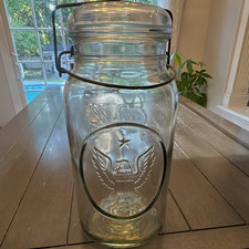 Ball Clear Glass Jar w/ Wire Bail Lid & Handle, Embossed Eagle & Script Logo picture