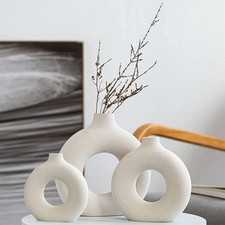 QLOFEI White Ceramic Vases Set of 3 Round Matte picture
