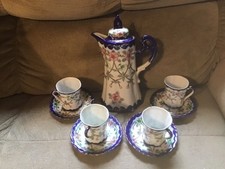 Antique Porcelain Chocolate Pot Set 4Cups Saucers Hand Painted Nippon Style EUC picture