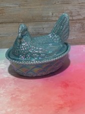 Westmoreland By Rosso Georgia Blue Carnival Glass Hen on Woven Nest NEW picture