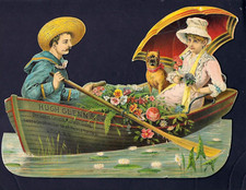 1890's Large Victorian Trade Card, Die-Cut,Hugh Glenn & Co, Lady/Man, Boat & Dog picture