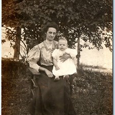 c1910s Outdoor Mother Holding Baby RPPC Postcard Edwardian Fashion Tree Yard picture