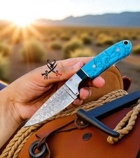 Handmade Damascus Steel Cowboy Knife: Turquoise Stone Handle, Western Sheath picture