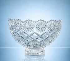Crystal Clear Poland 1970s Footed Centerpiece Bowl Brussels Cut Clear, 8x6.5