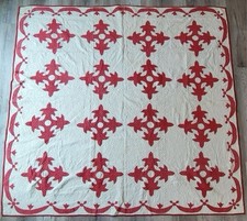 Antique 1875 Turkey Red White Fleur De Lis Applique Quilt Signed W Appraisal picture