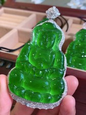 Perfect High Ice Chinese Jade Precision Carved Guanyin Bodhisattva Pendant 18k picture