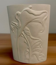 Vintage Raised Relief Lily Pottery Vase Mid Century Modern Oval Shape 8” Retro picture
