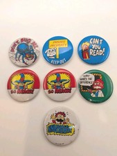 Vtg 1960s/70s Pin Back Buttons Spider Bulldog Cowboy~Tin Litho~Funny~Lot of 7 picture