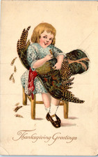 Vintage Postcard 1910s Thanksgiving Child Holding Turkey Humor Scene picture