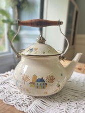 Vtg Lincoware Country Design Collection Tea Kettle Enamel Wooden Handle Brass picture